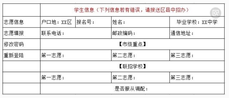 重慶中考志愿填報(bào)表